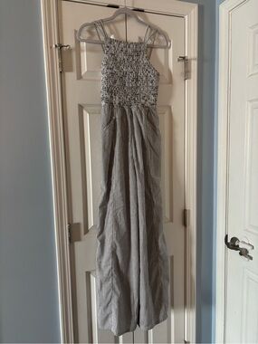 American Eagle Outfitters Gray and White Smocked Jumpsuit